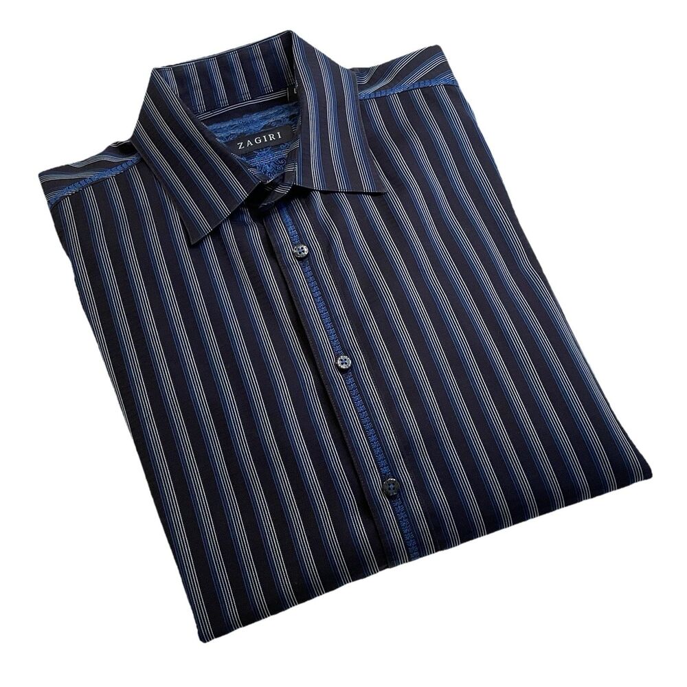Zagiri Mens Blue Striped Flip Cuff Long Sleeve Button Up Cotton L